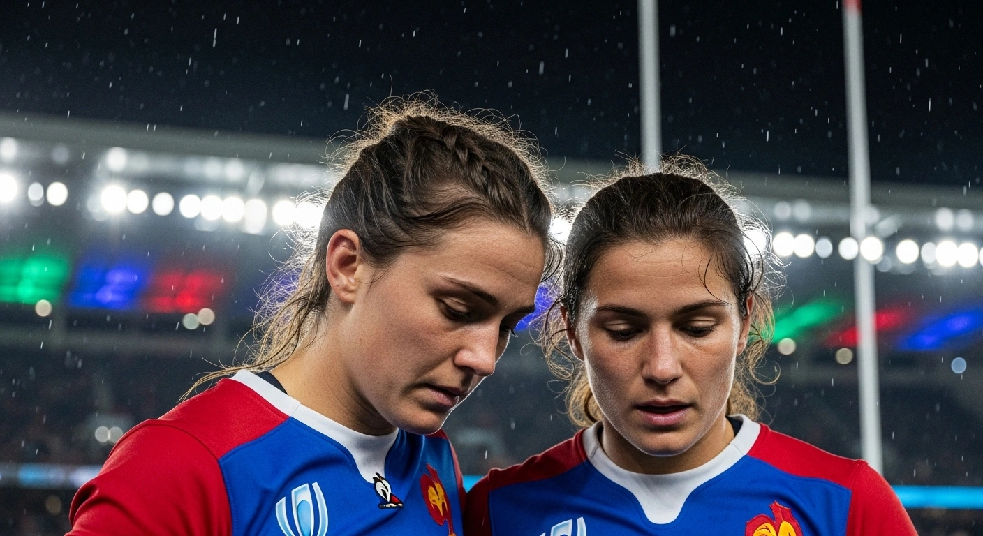 A close-up shot shows two dejected French women's rugby players, their faces etched with profound disappointment, standing under stadium floodlights with rain streaking down distant glass, symbolizing their suspension from the Women's Rugby World Cup semifinal.