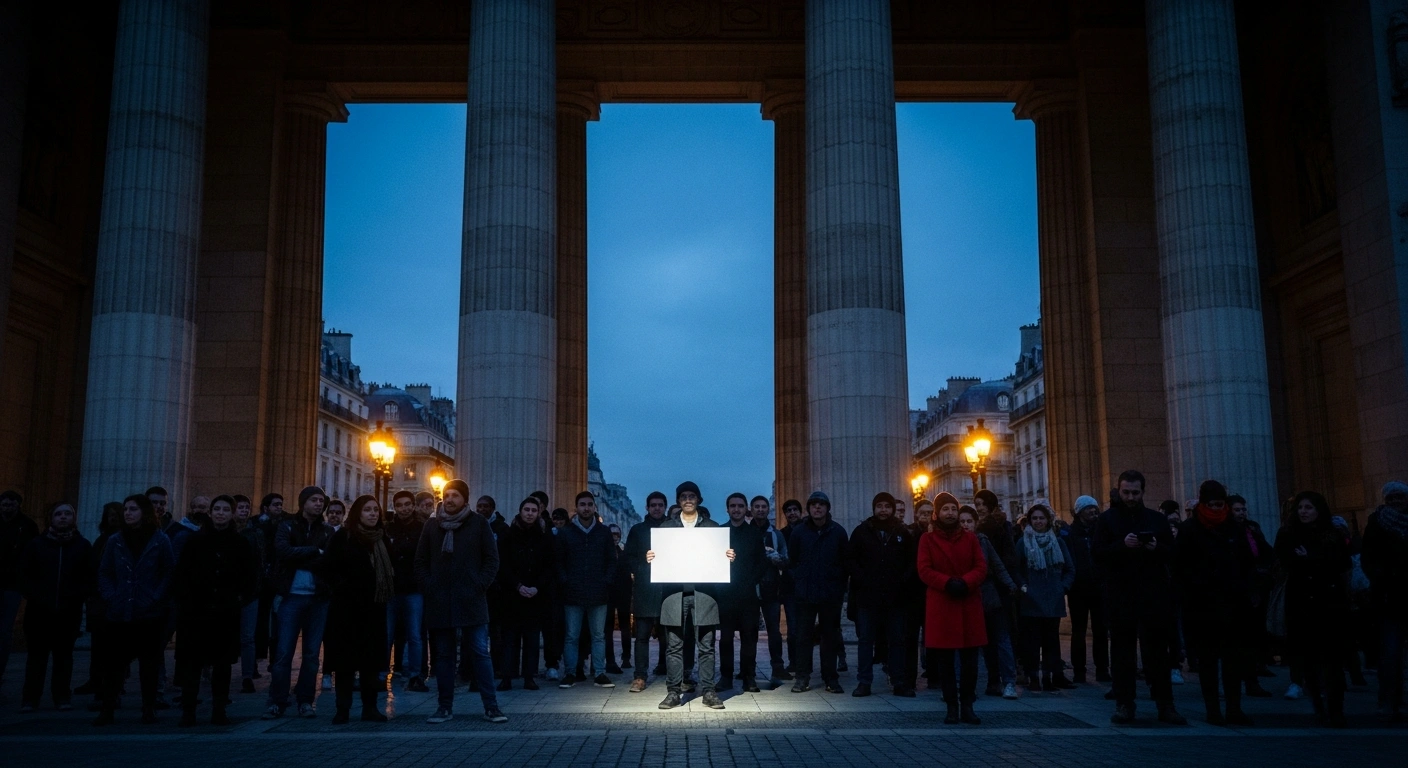 A diverse group of protesters gathers in front of the French National Assembly to demonstrate against the proposed Yadan Law and its implications for free speech.
