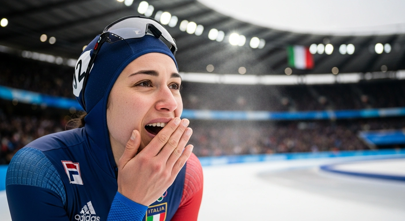 Italian speed skater Francesca Lollobrigida, wearing her national team uniform, is shown in a low-angle, close-up shot just after winning a gold medal and setting an Olympic record in the women's 3000m event at the Milan Cortina 2026 Winter Olympics, with stadium lights and a blurred Italian flag in the background.