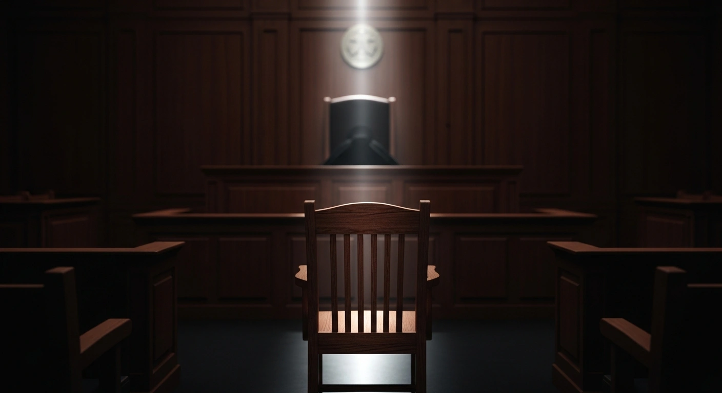 A dimly lit courtroom scene featuring a solitary wooden chair in front of a judge's bench, representing the legal proceedings against Frank Stronach.