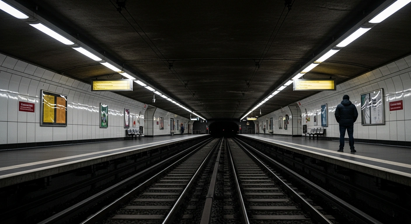 A deserted U-Bahn platform in Frankfurt, Hesse, illuminated by artificial lighting, symbolizing the public transport strike by workers called by the Verdi union over stalled collective bargaining negotiations.