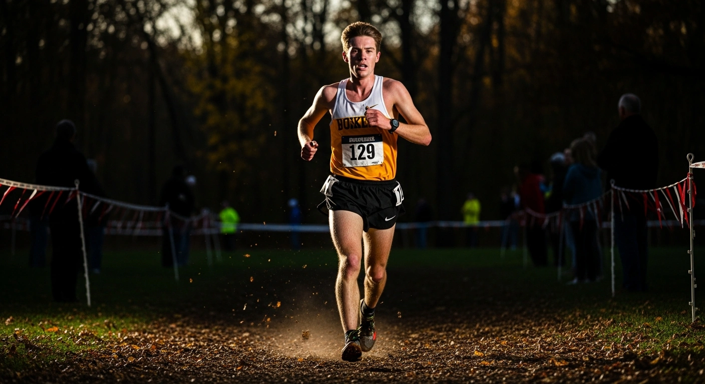 A male cross country runner, exhausted but triumphant, crosses a muddy finish line under dramatic late afternoon light, symbolizing Hofstra freshman Freddie Kipkosgei's 38th-place All-America finish at the 2025 NCAA Division I Men's Cross Country Championships in Columbia, Missouri.