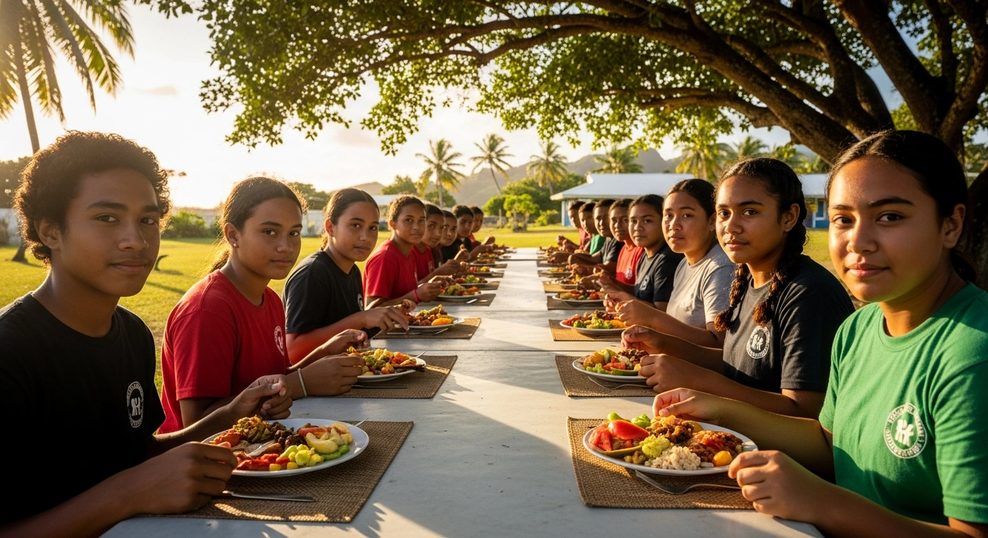 Secondary school students in French Polynesia enjoy healthy, free school meals together at an outdoor campus table.