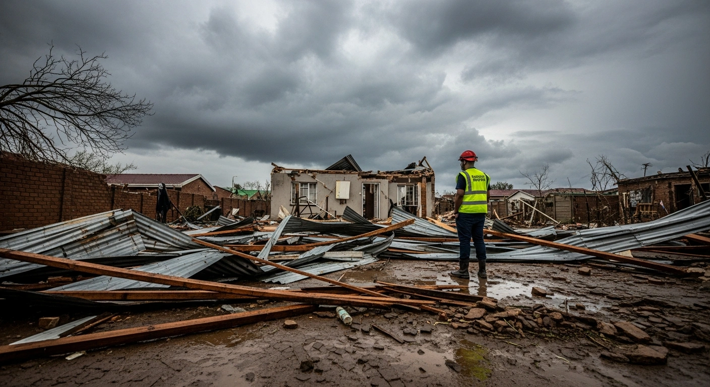 A disaster management worker assesses the wreckage of residential homes destroyed by severe storms in South Africa's Free State province.