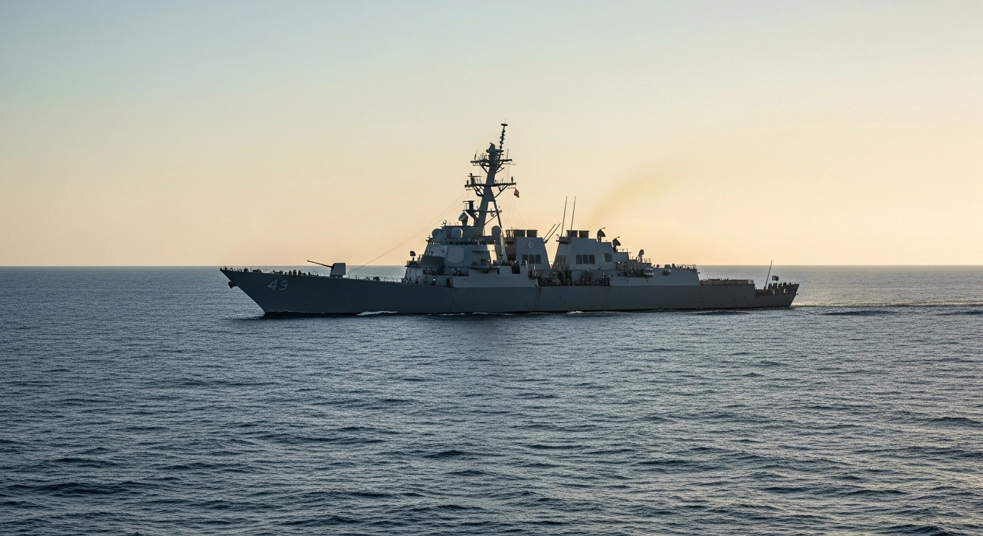 A sleek US Navy destroyer glides through calm waters at dawn, symbolizing a new distributed naval strategy in a major military exercise involving the US, Japan, and South Korea, notably without an aircraft carrier.