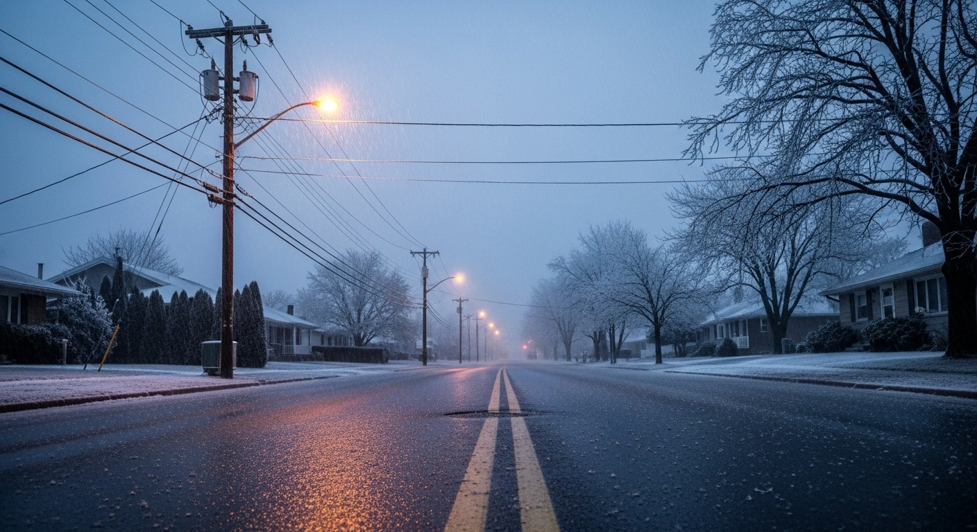 A desolate street covered in a thick layer of ice during a severe winter storm in New Brunswick as freezing rain falls.