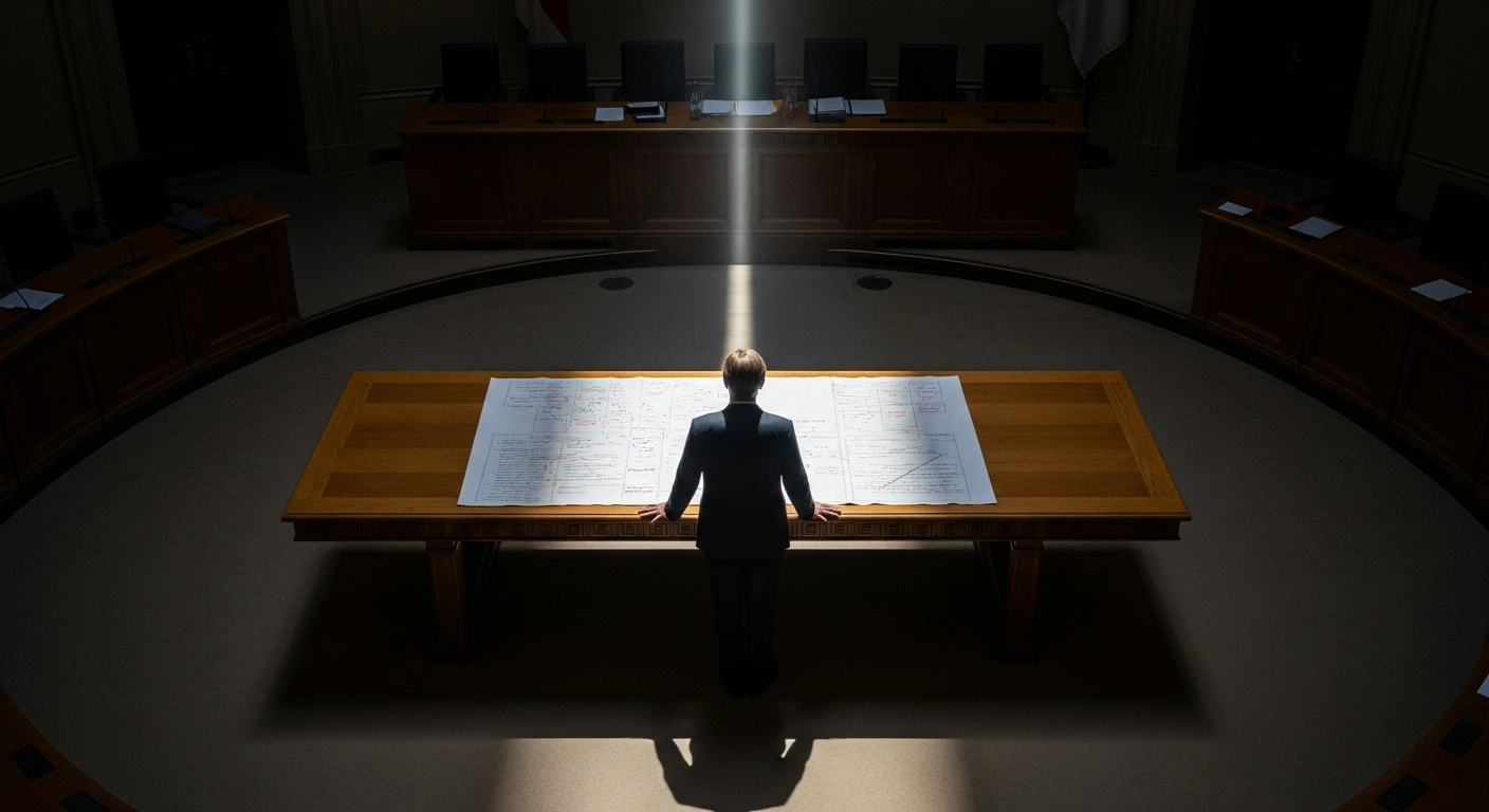 A solitary figure, representing Thorsten Frei, stands before a large oak table in a dimly lit parliamentary chamber, examining a complex document heavily marked for revision, symbolizing the German Chancellery's willingness to revise the coalition agreement between the CDU/CSU and SPD amidst a challenging economic environment and ongoing volatility.