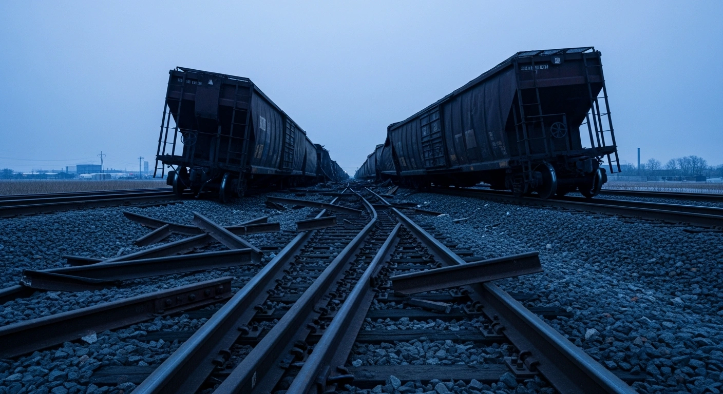 A low-angle view depicts the aftermath of a freight train derailment near Elze, showing twisted tracks, splintered ties, and overturned dark freight cars, symbolizing the extensive damage and disruption to rail traffic between Hannover and Göttingen following the December 23, 2025 incident.
