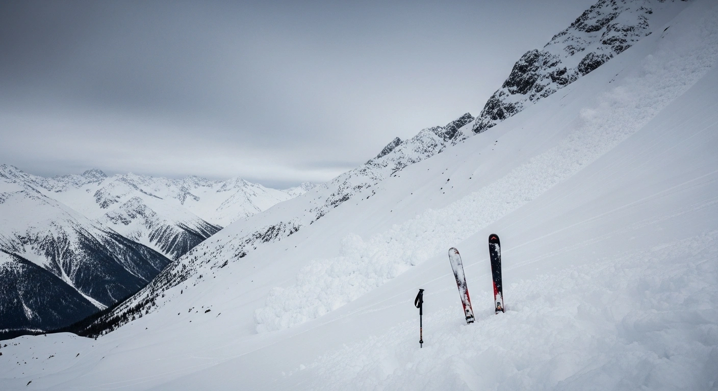 A wide-angle view of a recent avalanche path in the Vallée Perdue sector of Val-d'Isere in the French Alps, showing churned snow and partially buried skis, depicting the aftermath of an incident where two French skiers were caught in an avalanche amidst high risk conditions.