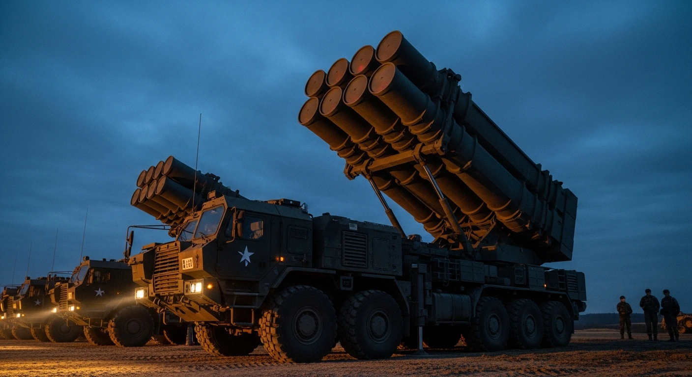 A South Korean K239 Chunmoo multiple launch rocket system is positioned on a military training ground under a twilight sky, being evaluated by French Army personnel to bolster long-range strike capabilities as a temporary measure to replace aging M270 launchers.