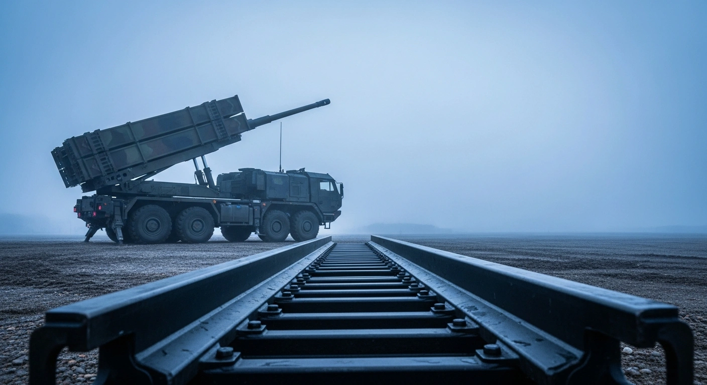 A modern French multiple launch rocket system sits idle on a foggy field, reflecting the impact of restricted American rocket integration on European defense procurement.