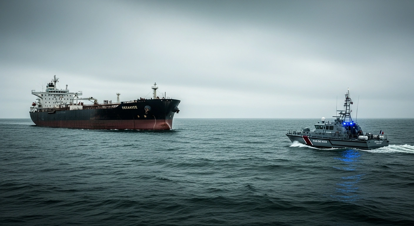 A French coast guard vessel intercepts a large oil tanker suspected of violating international sanctions in the open sea.