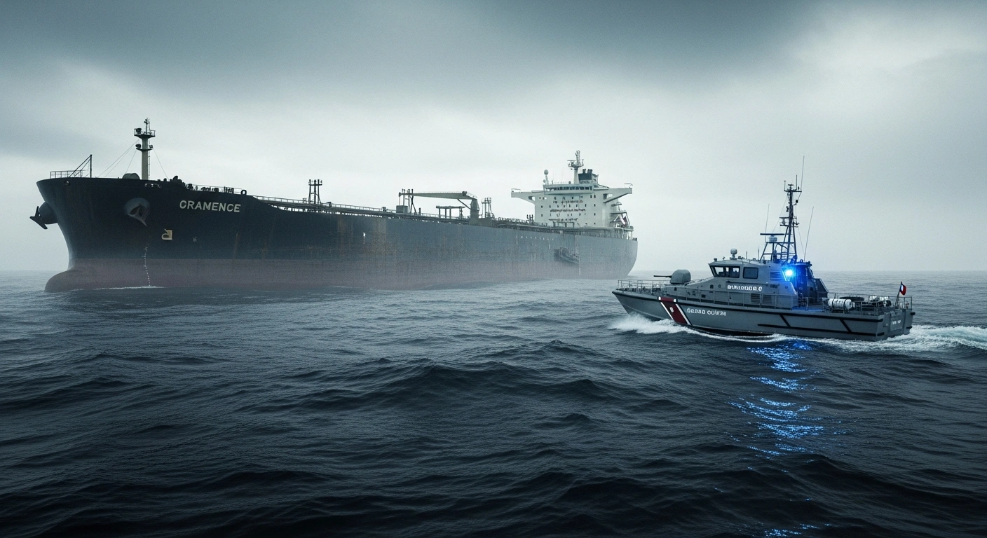 A French coast guard vessel intercepts a large oil tanker suspected of violating international sanctions in the open sea.