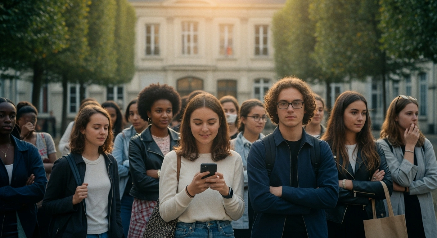 A group of French high school students react to receiving their baccalaureate exam results in a school courtyard.