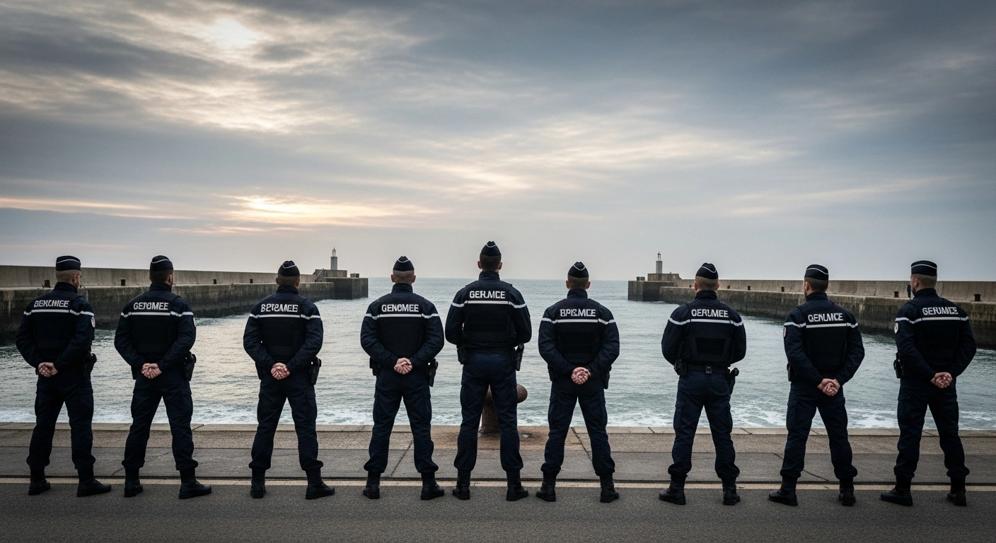 French Gendarmerie officers stand guard at a port entrance in Calais at dawn, symbolizing the French authorities' ban on British far-right activists to prevent public disorder and anti-migrant actions.