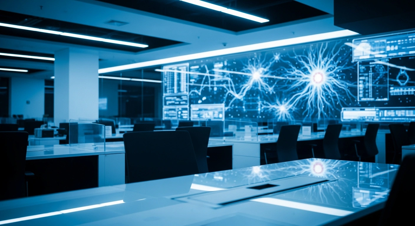 A modern, empty French bank office interior illustrates the impact of artificial intelligence and digital automation on financial workforce restructuring.