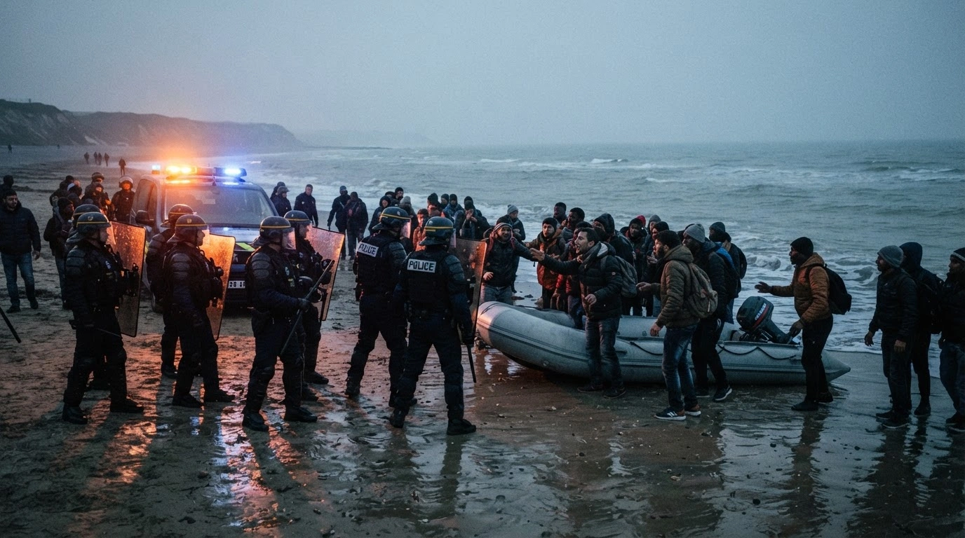 French police officers confront a group of migrants on a beach in northern France to prevent an illegal English Channel boat crossing.