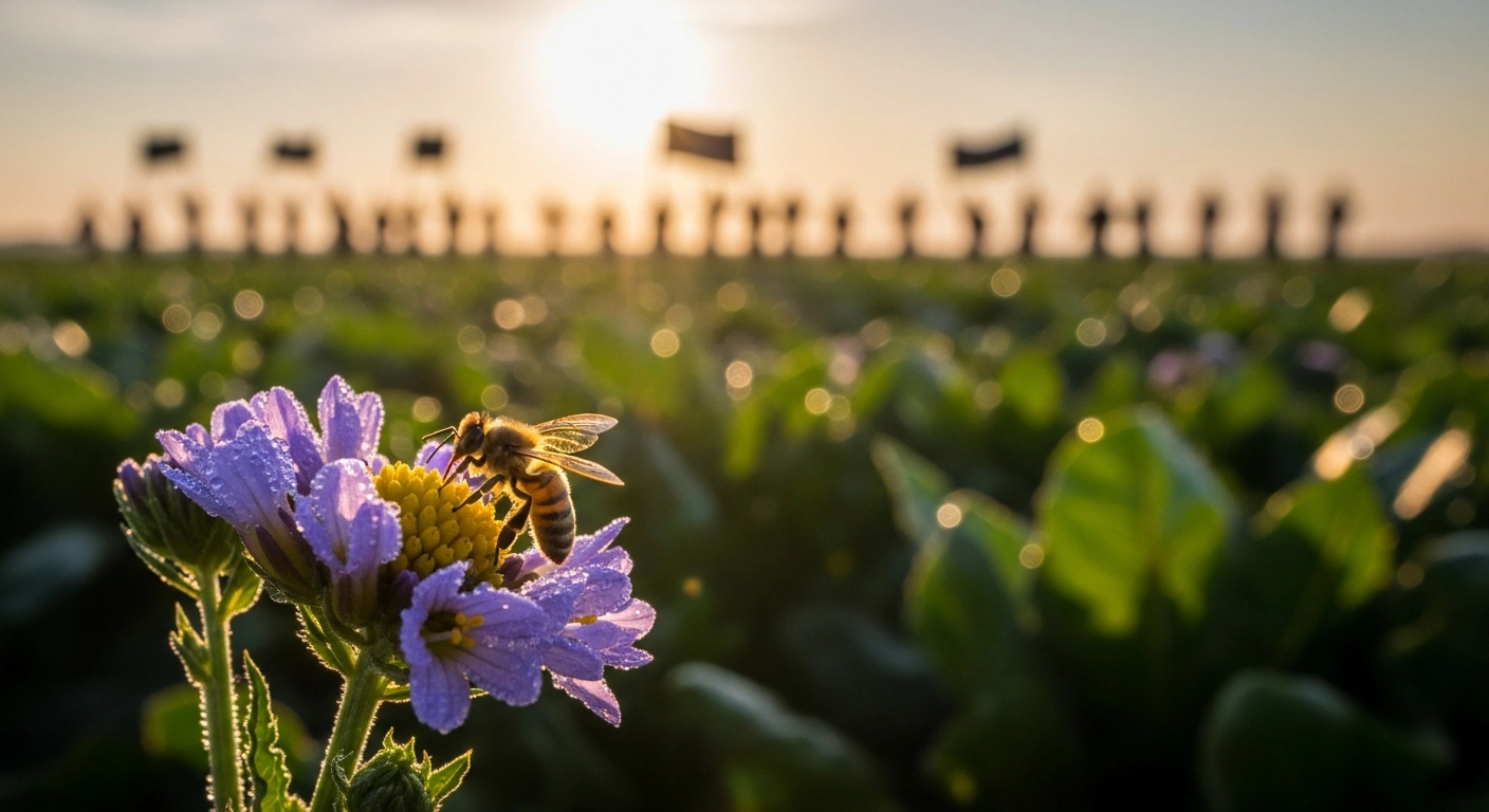 A honeybee sits on a flower in a sugar beet field while French beekeepers protest the government's decision to allow the use of neonicotinoid pesticides.