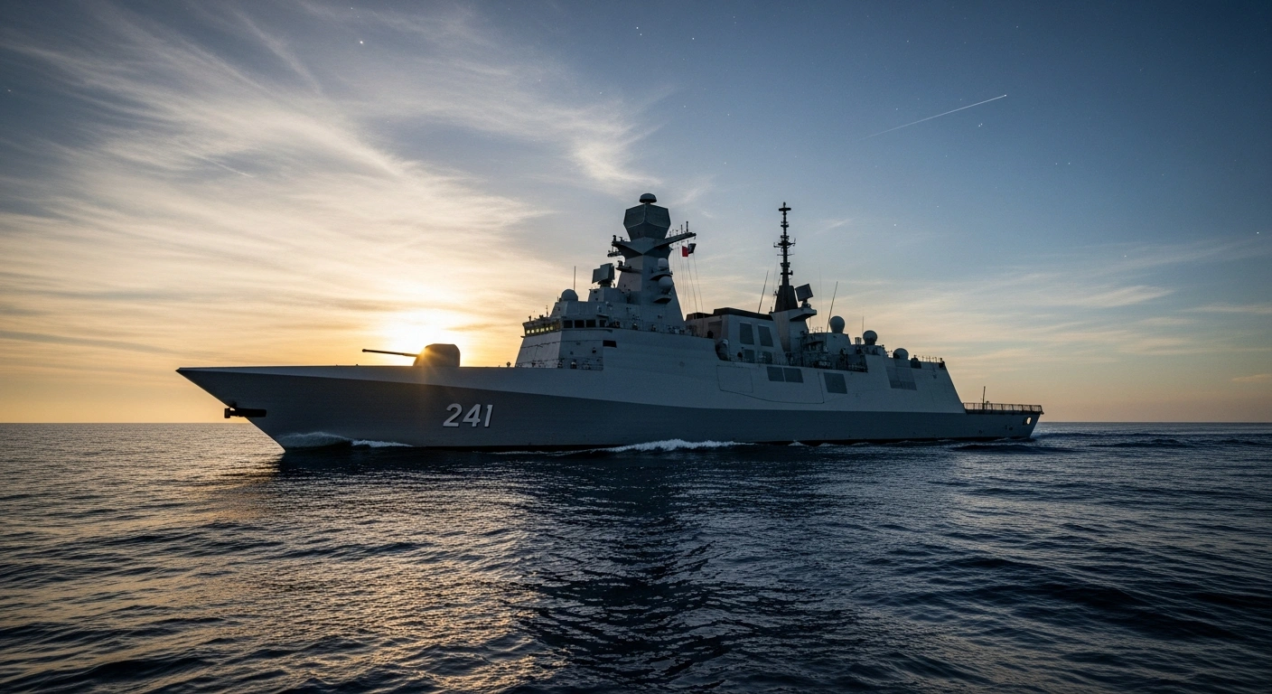 A sleek, advanced French Frégate de Défense et d'Intervention (FDI) frigate, also known as the Belharra class, sails through the Aegean Sea at twilight, symbolizing France's significant export success, including Greece's order of three frigates.
