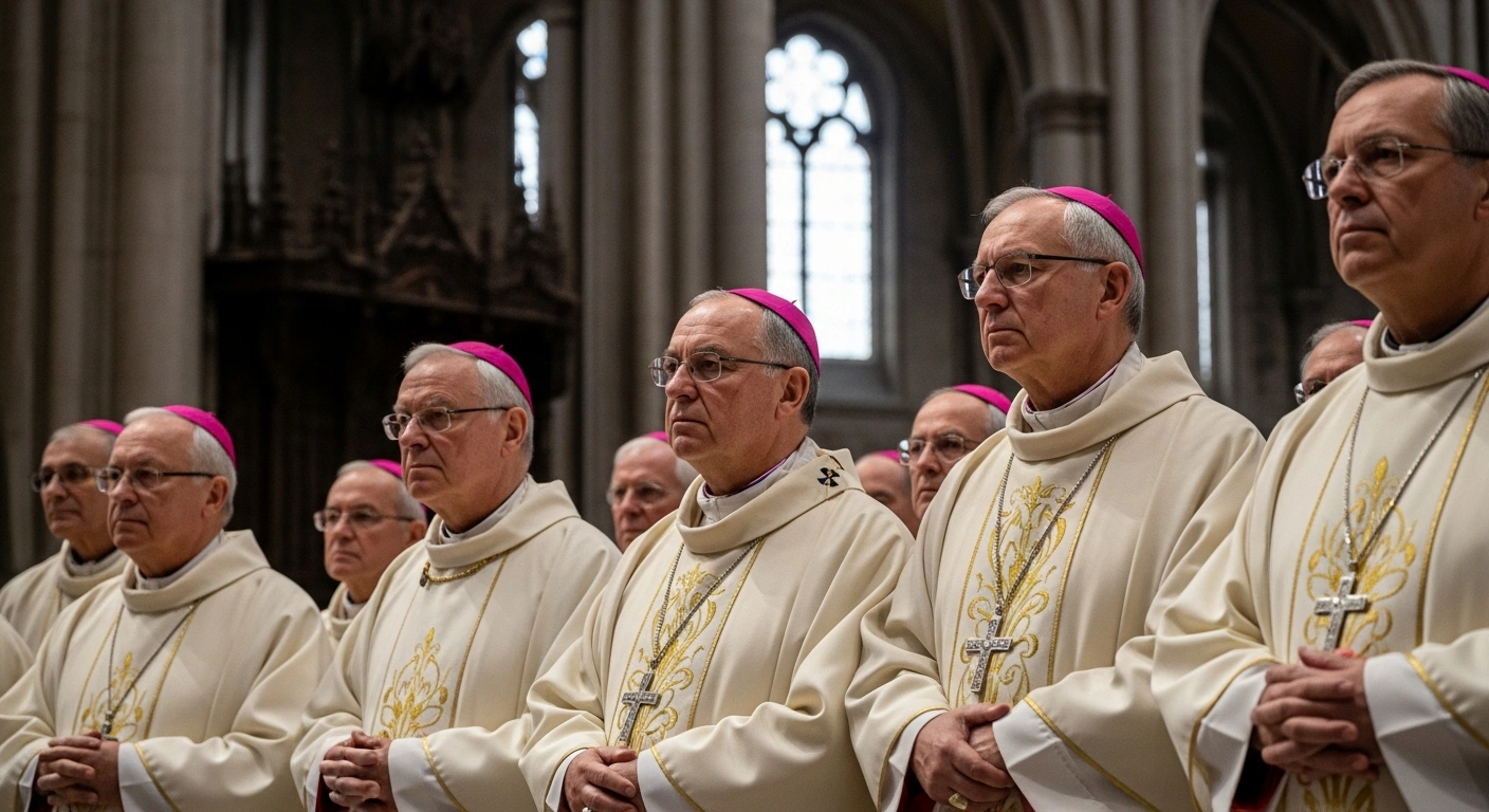 A solemn group of French bishops, representing the Permanent Council of the Conference of Bishops of France, stand within a grand cathedral, symbolizing their strong opposition to the proposed assisted dying bill and their emphasis on palliative care and human dignity as the French Senate prepares to debate the end-of-life care legislation.