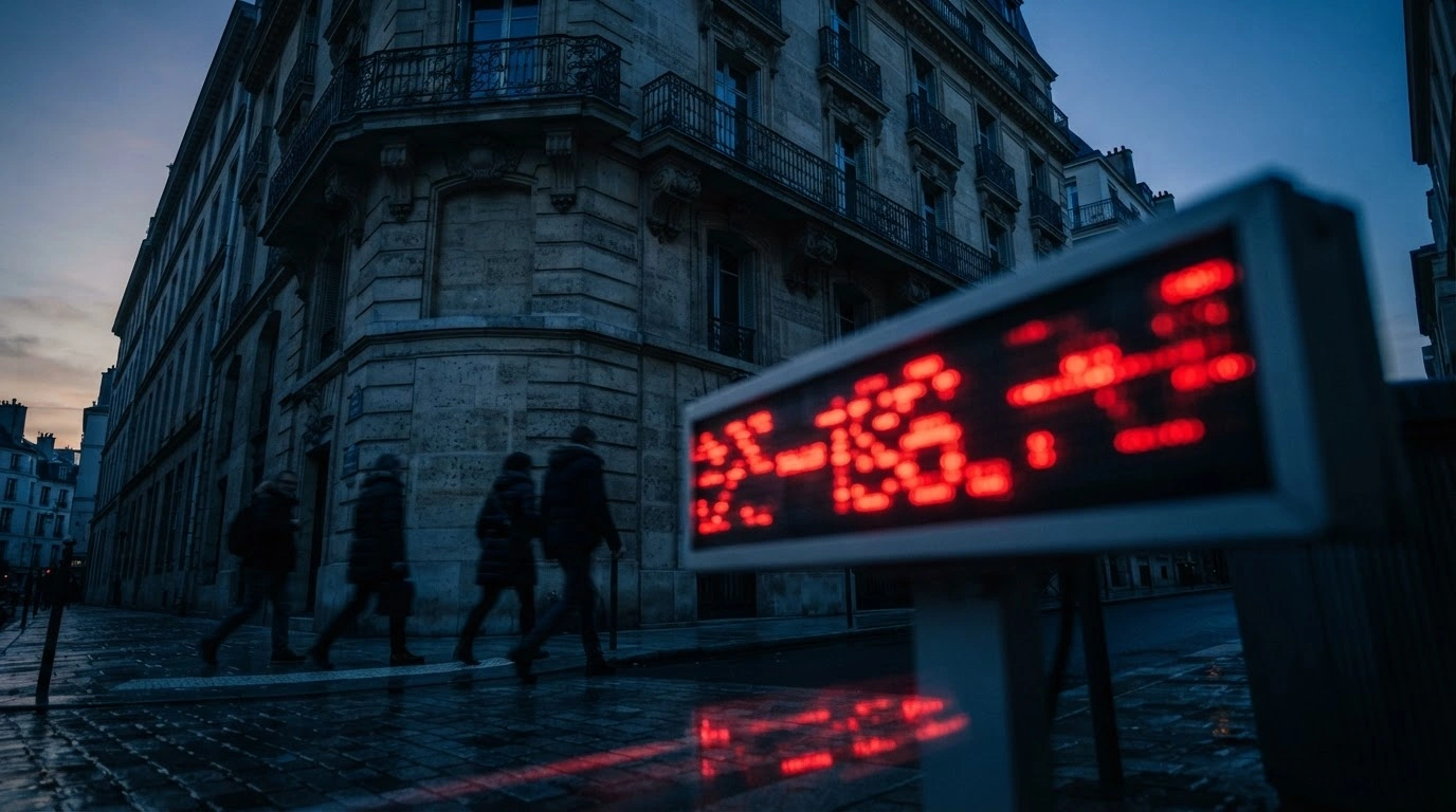 A close-up view of a digital financial display showing rising French government bond yields against the backdrop of a historic Parisian building.