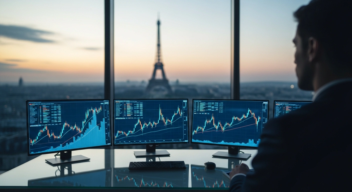 A professional investor monitors rising financial data on screens in a Paris office as French government bond yields increase amidst European economic uncertainty.