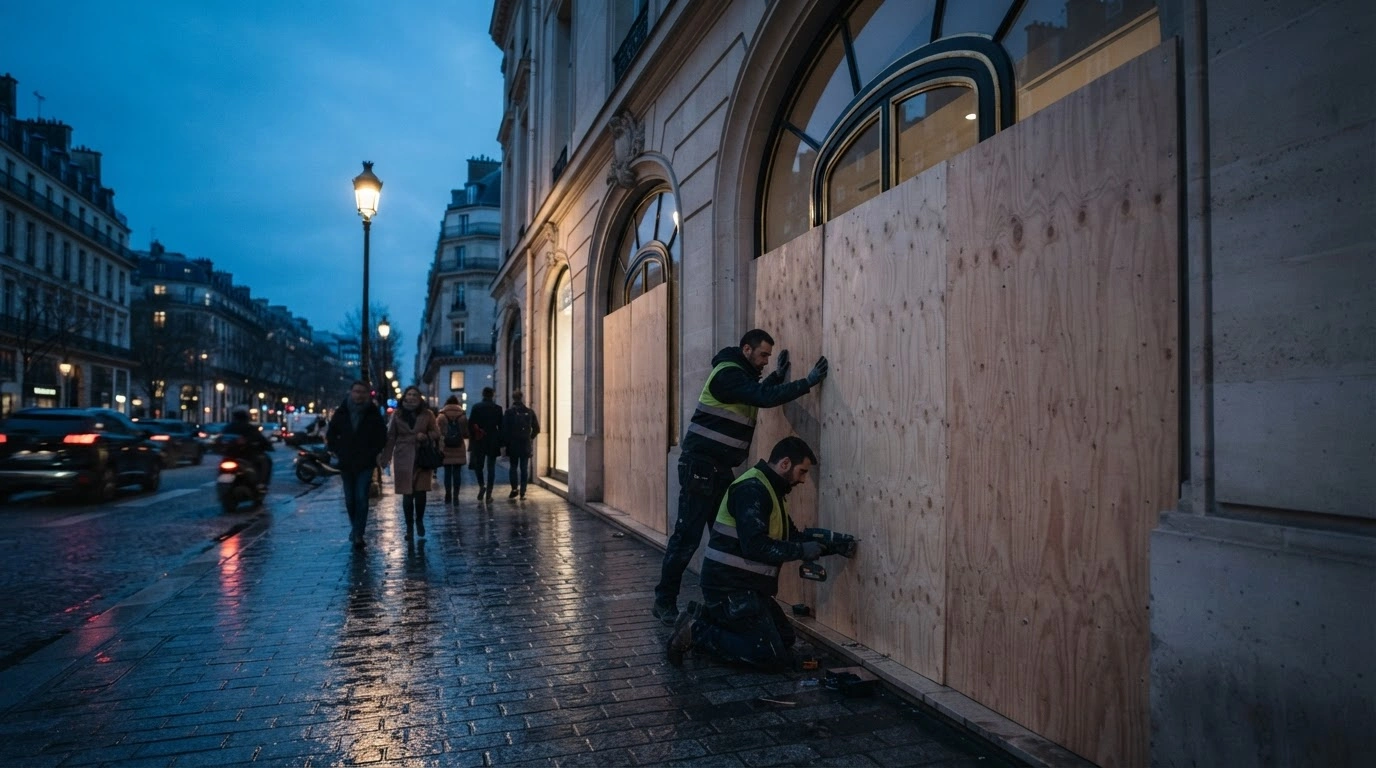 Workers board up the windows of a luxury boutique in a French city to protect the storefront from anticipated weekend protests.