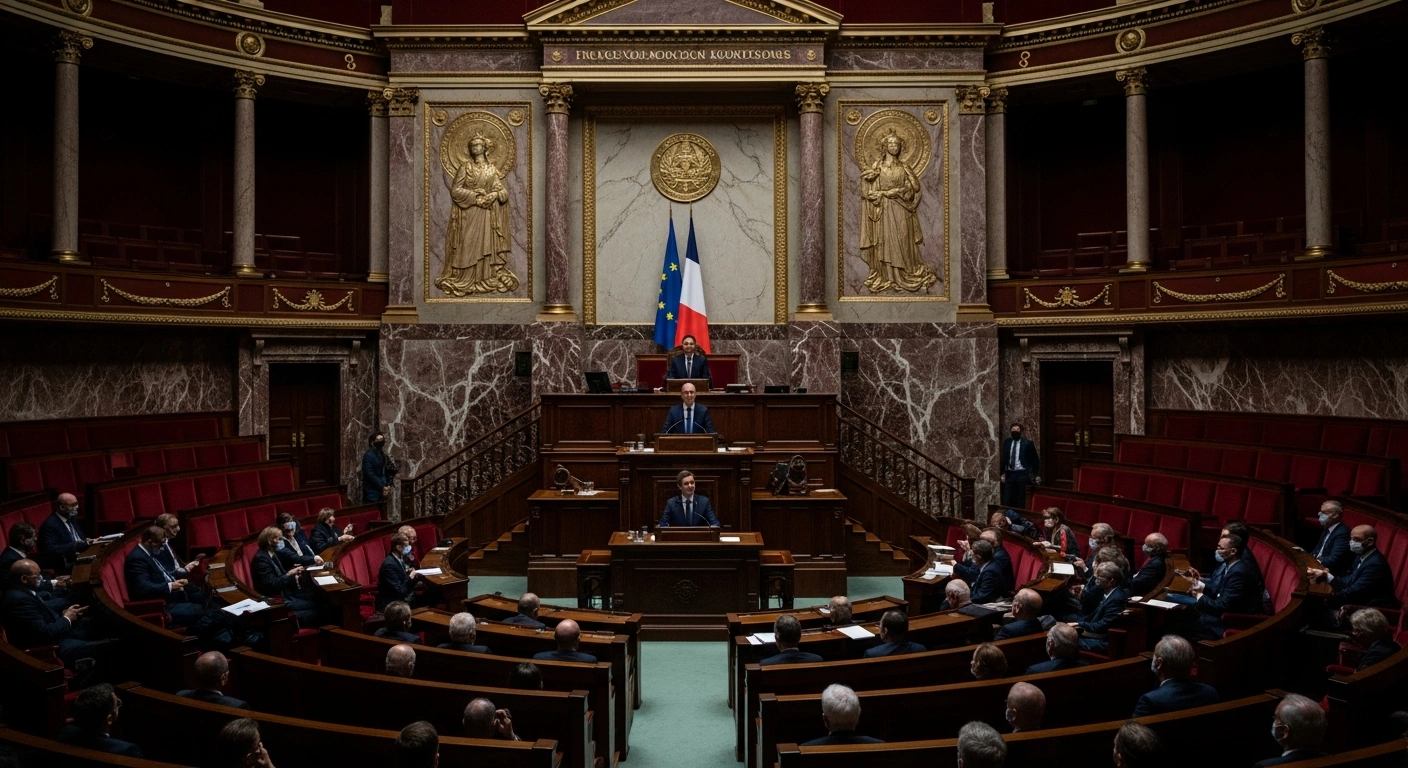 A dramatic, low-angle shot depicts the French Prime Minister standing resolutely at a podium in a grand, dimly lit, and largely empty French National Assembly chamber, representing the adoption of the 2026 national budget via Article 49.3, bypassing parliamentary votes and leading to failed no-confidence motions, with measures for deficit reduction, increased defense spending, and household support.