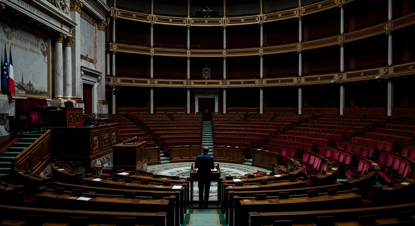 A wide, low-angle shot of the French National Assembly chamber, with a lone, silhouetted figure at the podium facing empty seats, symbolizing the significant deadlock over the 2026 state budget and the potential invocation of Article 49.3 by the French government to reduce the public deficit.