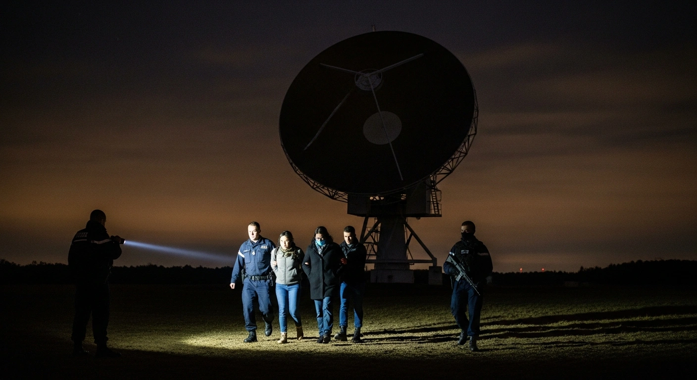 Uniformed French authorities apprehend two individuals, suspected of spying for China and attempting to capture Starlink and military satellite data, in a desolate, moonlit field beside a large satellite dish.