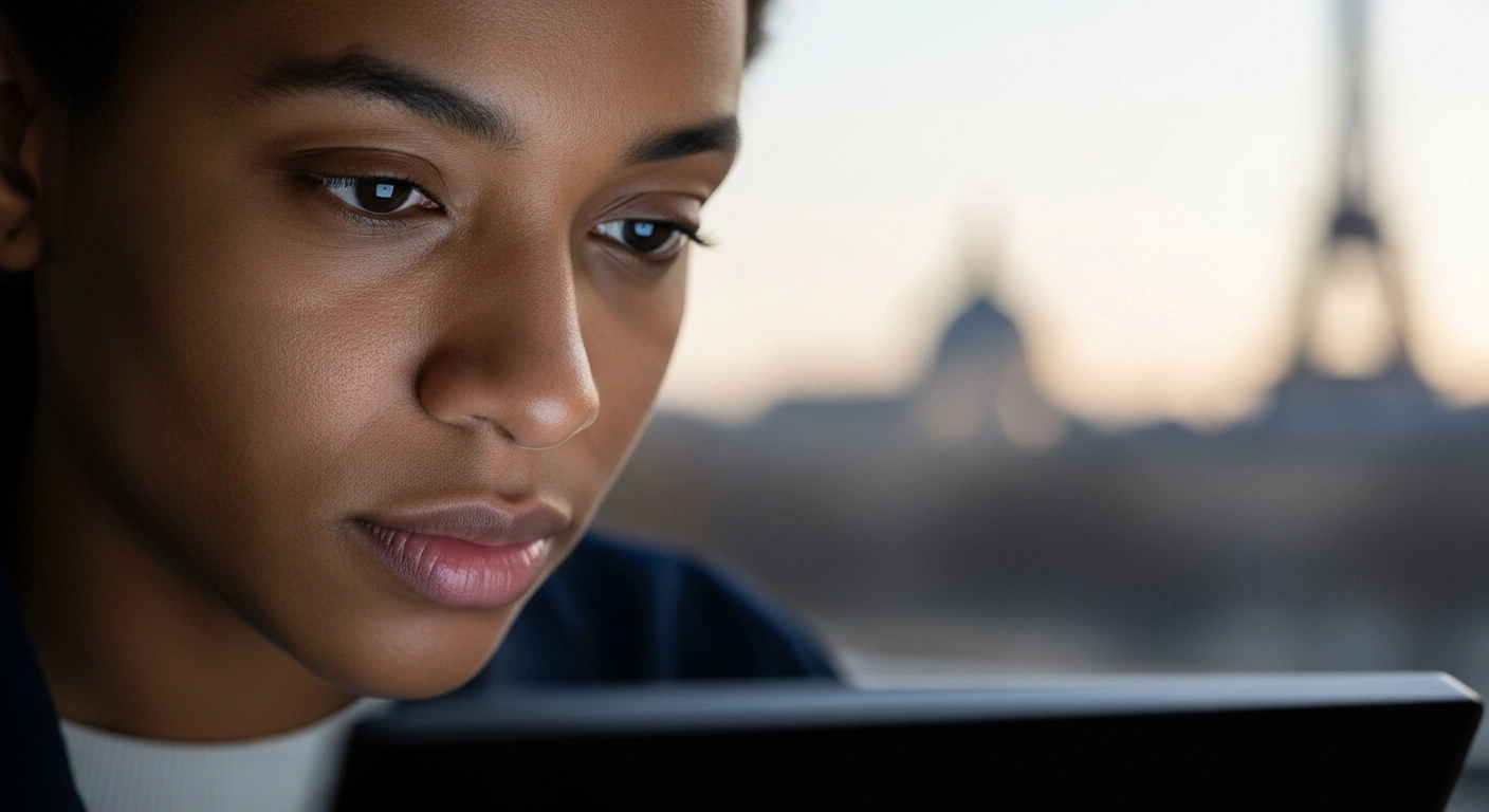 A diverse individual is shown in a medium close-up, their face illuminated by a digital screen, deeply focused on what appears to be a mandatory civic exam for a French multi-year residence permit, with blurred Parisian architecture in the background, symbolizing the integration process into French civic values.