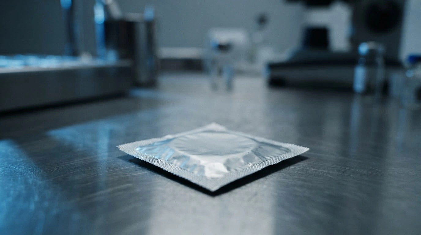 A close-up of a condom package on a laboratory table representing the safety warning issued by French health authorities regarding defective products.
