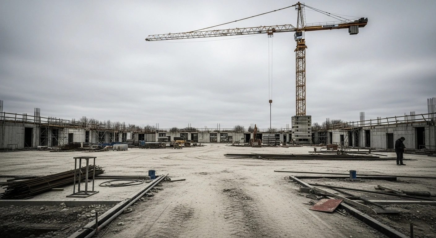 A desolate, half-finished construction site near Paris under an overcast sky, featuring an idle crane and scattered, unused tools, symbolizing the projected contraction of the French construction industry in 2025 due to declining building permits, labor shortages, and political uncertainty.