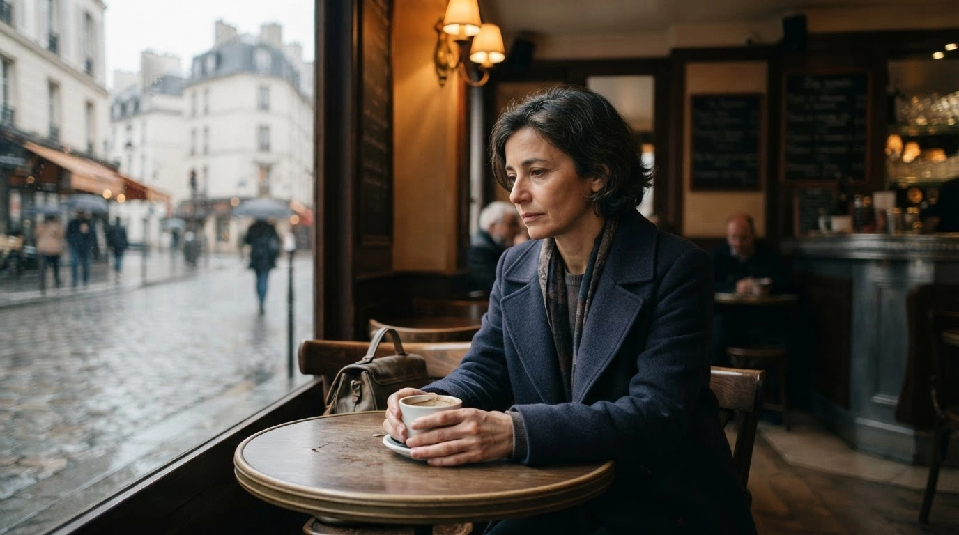A pensive person sits at a cafe table in France, reflecting the cautious consumer confidence and economic uncertainty reported by INSEE.
