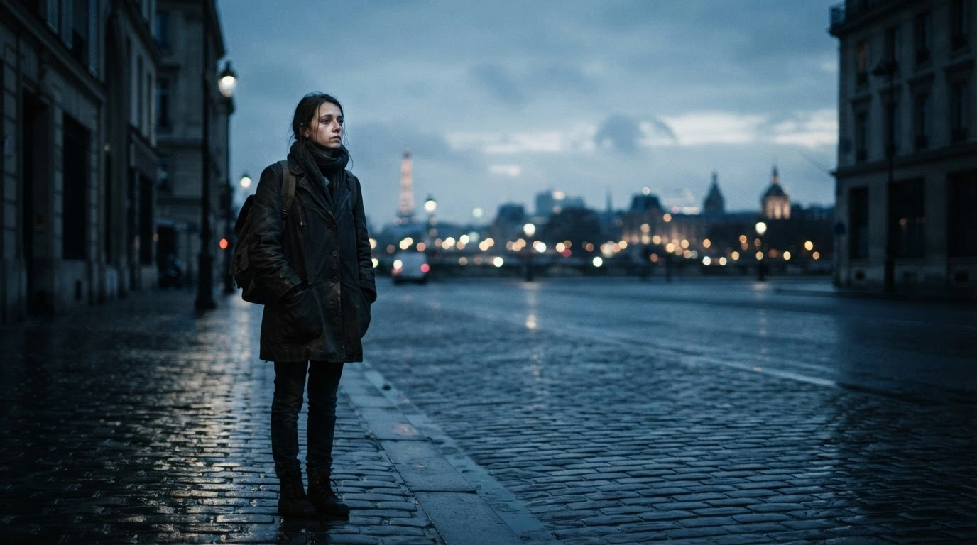 A solitary person stands on a dark, rain-covered street in France, reflecting the low consumer sentiment and economic anxiety reported by INSEE in October 2026.