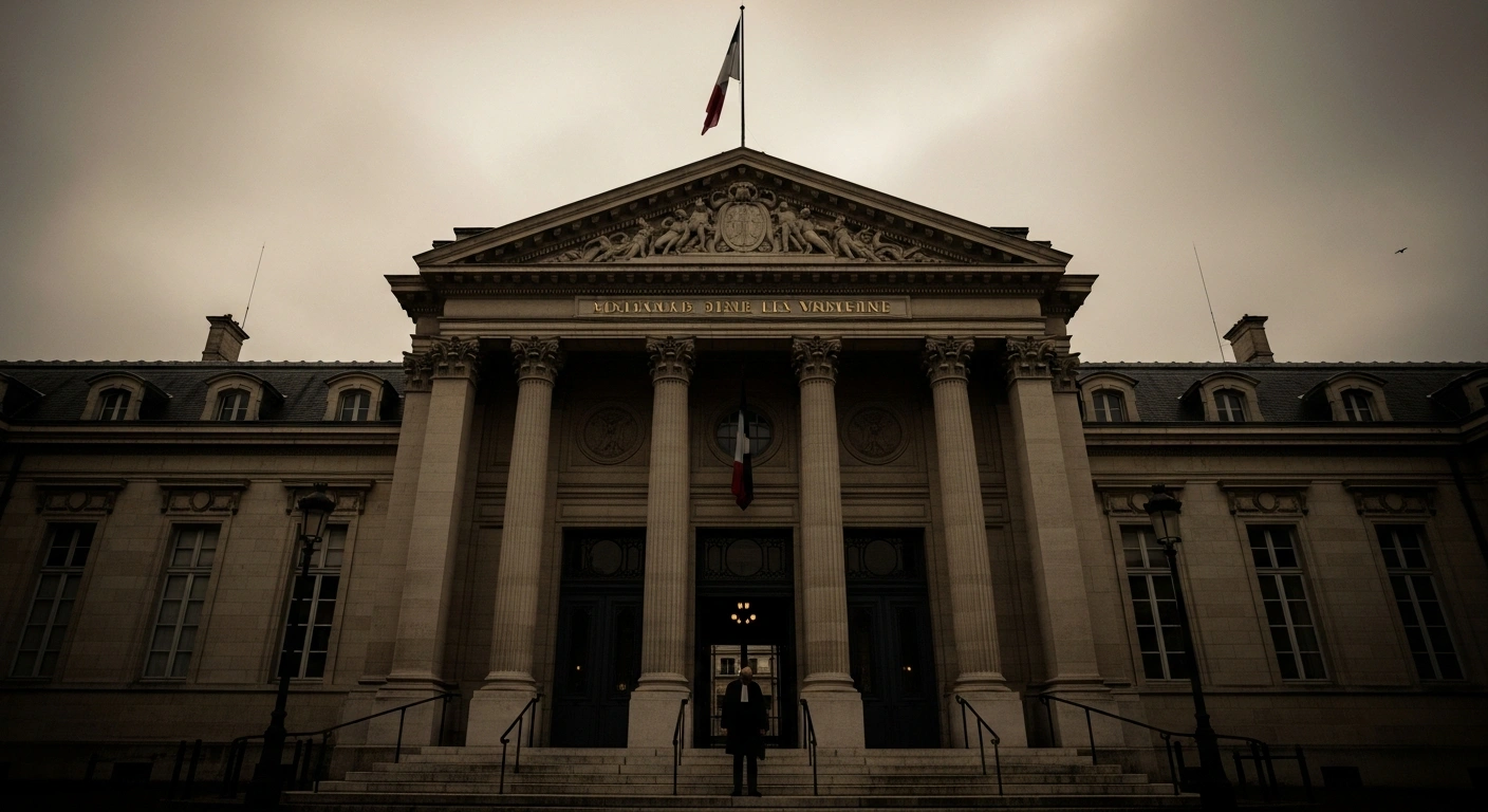 A somber, low-angle view of a French courthouse in Nanterre, with a lawyer standing silhouetted against its entrance, conveying disappointment after a controversial court ruling regarding a 42-year-old Algerian nanny sentenced for poisoning a Jewish family's food, where antisemitism charges were dismissed.