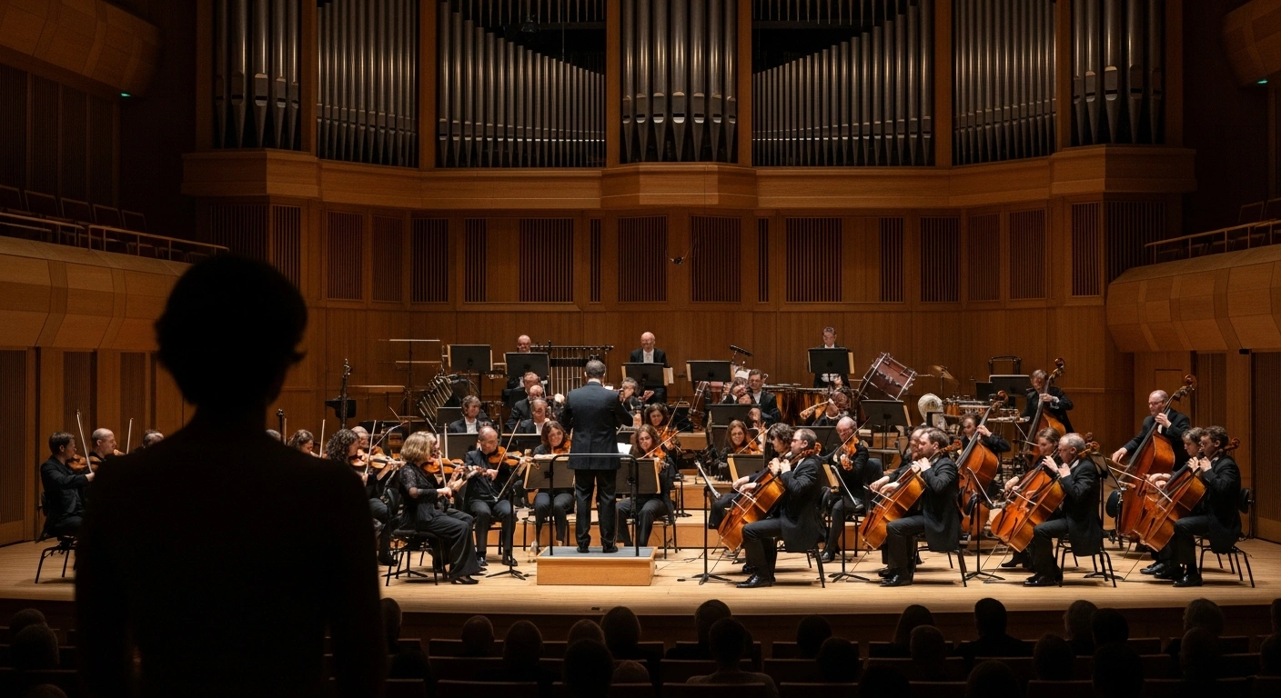 A grand orchestra performs passionately on a warmly lit stage in a concert hall, while a minister stands subtly in the foreground, observing and symbolizing support for cultural expression amidst political controversy.