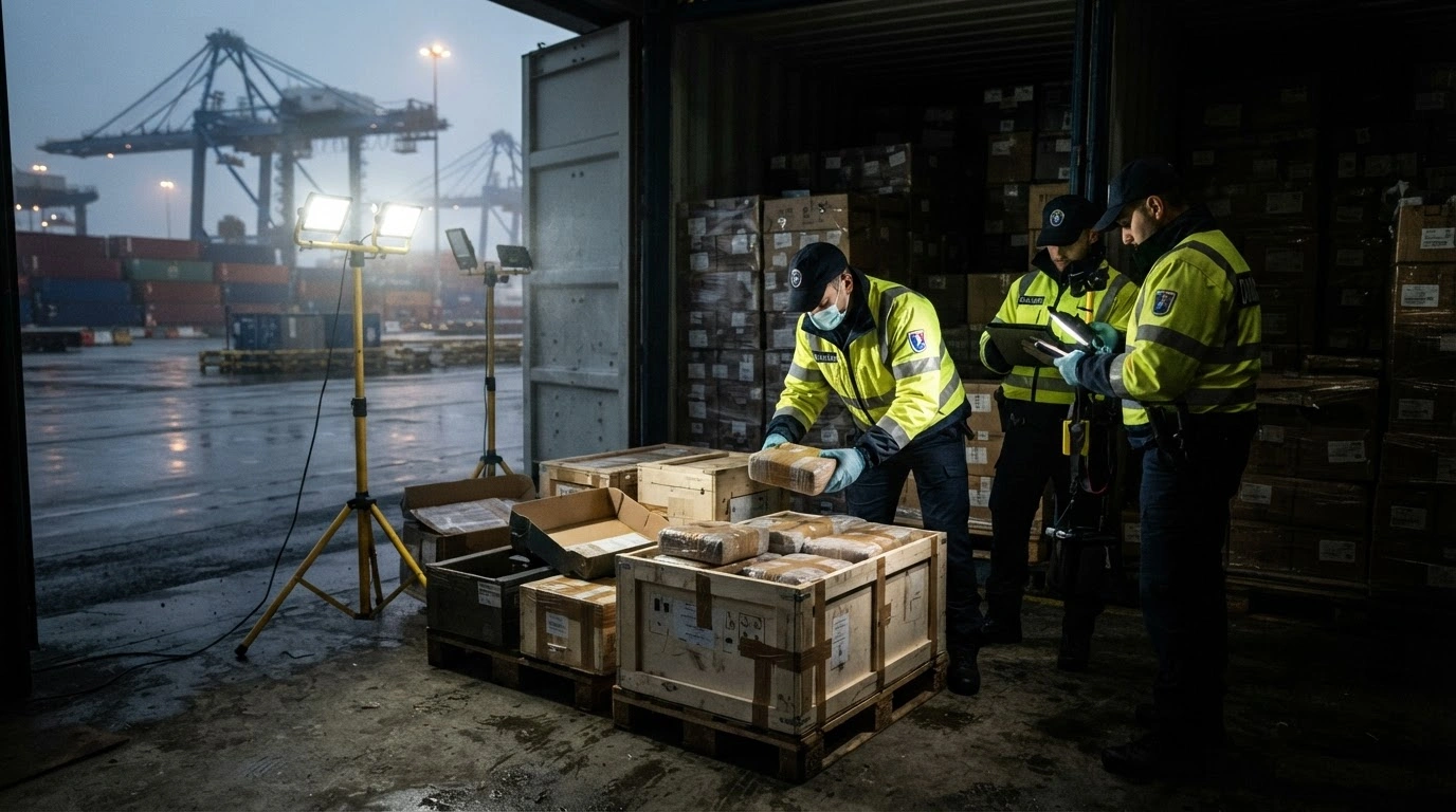 French customs officials conduct a routine inspection of a massive shipment of cocaine discovered inside a shipping container at the Port of Dunkirk.