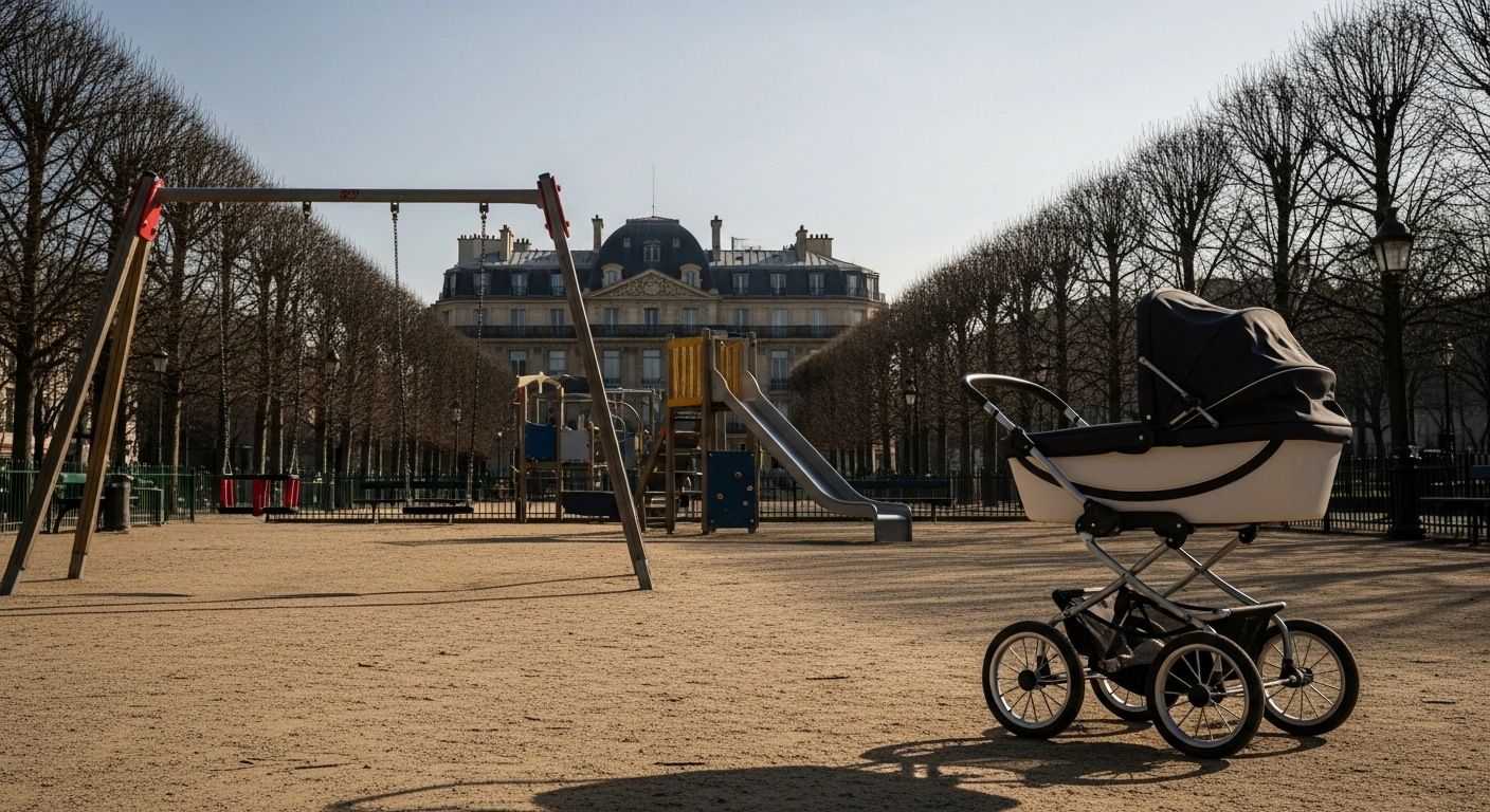 A wide, melancholic shot of a deserted children's playground in a Parisian park at late afternoon, featuring motionless swings, an empty slide, and a single, unused baby carriage in the foreground, with a blurred Haussmannian building in the background, visually representing a demographic shift.