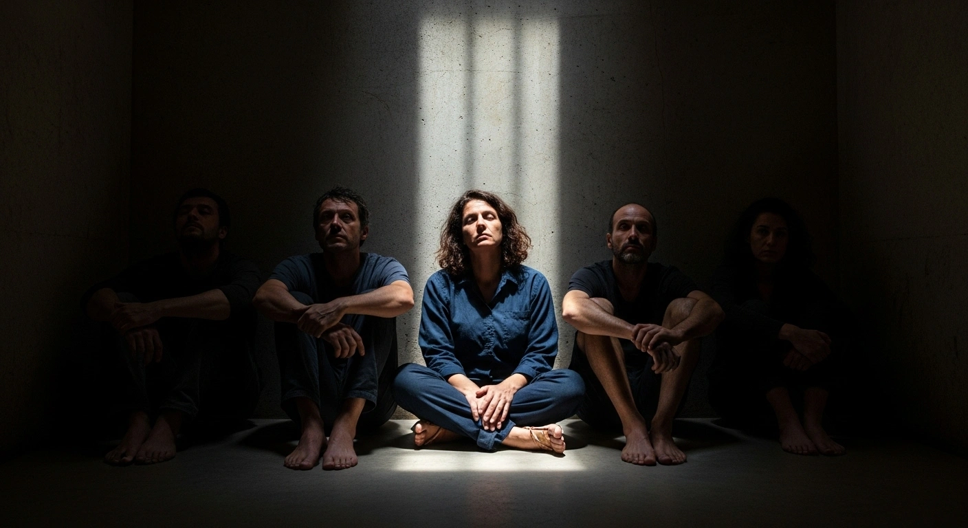 Four gaunt French deputies are depicted on hunger strike, seated on a cold floor in a dimly lit, cramped detention cell, symbolizing their protest after being intercepted by Israeli forces while attempting to deliver aid to Gaza.