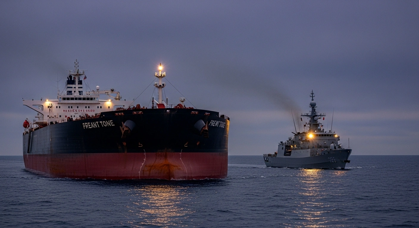 A large, rust-streaked oil tanker, suspected of being part of Russia's 'shadow fleet' and carrying Russian crude, is illuminated by the powerful searchlights of a French naval vessel during its detention off the coast of western France.