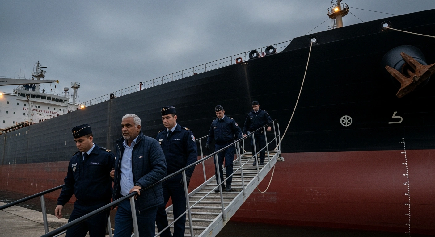 A 58-year-old Indian oil tanker captain, suspected of operating under a false flag for Russia's shadow fleet, is escorted by French authorities on a ship's gangway at dawn in Marseille.