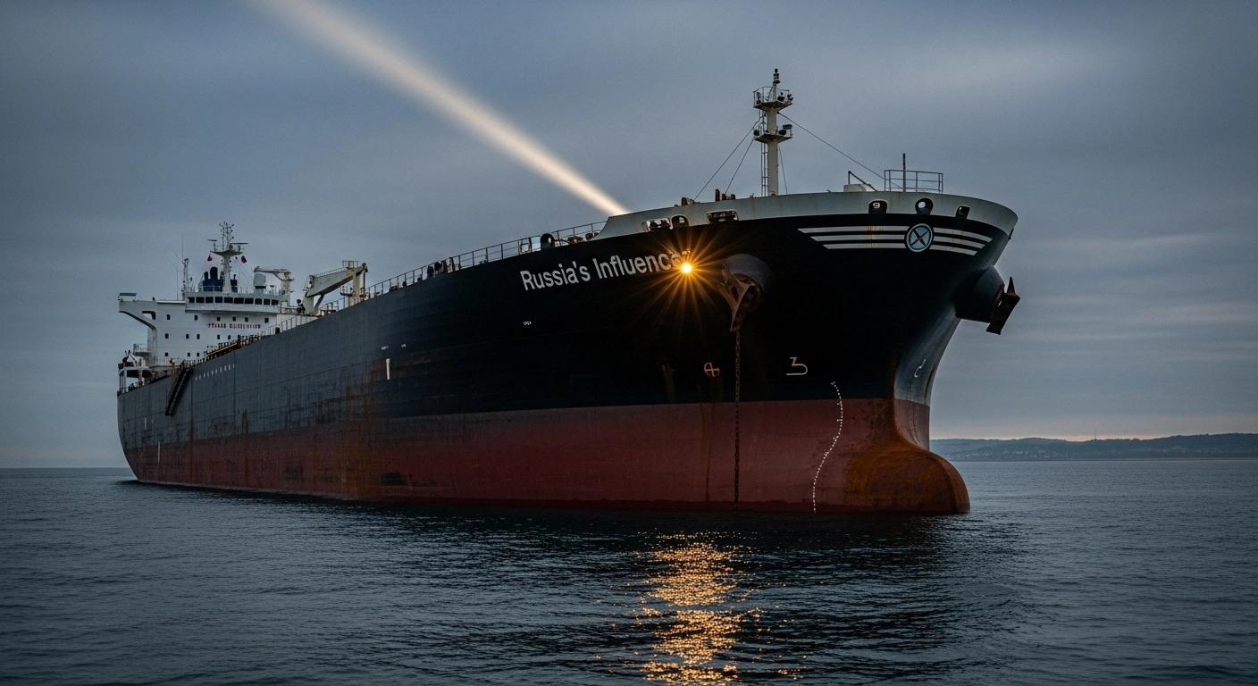 A massive, weathered aframax tanker, suspected of involvement in a drone invasion at Copenhagen airport and part of a Russian oil 'shadow fleet,' is illuminated by a powerful beam from a French Coast Guard vessel near Saint Nazaire, reflecting its detention by French authorities after being sanctioned by the EU and UK.