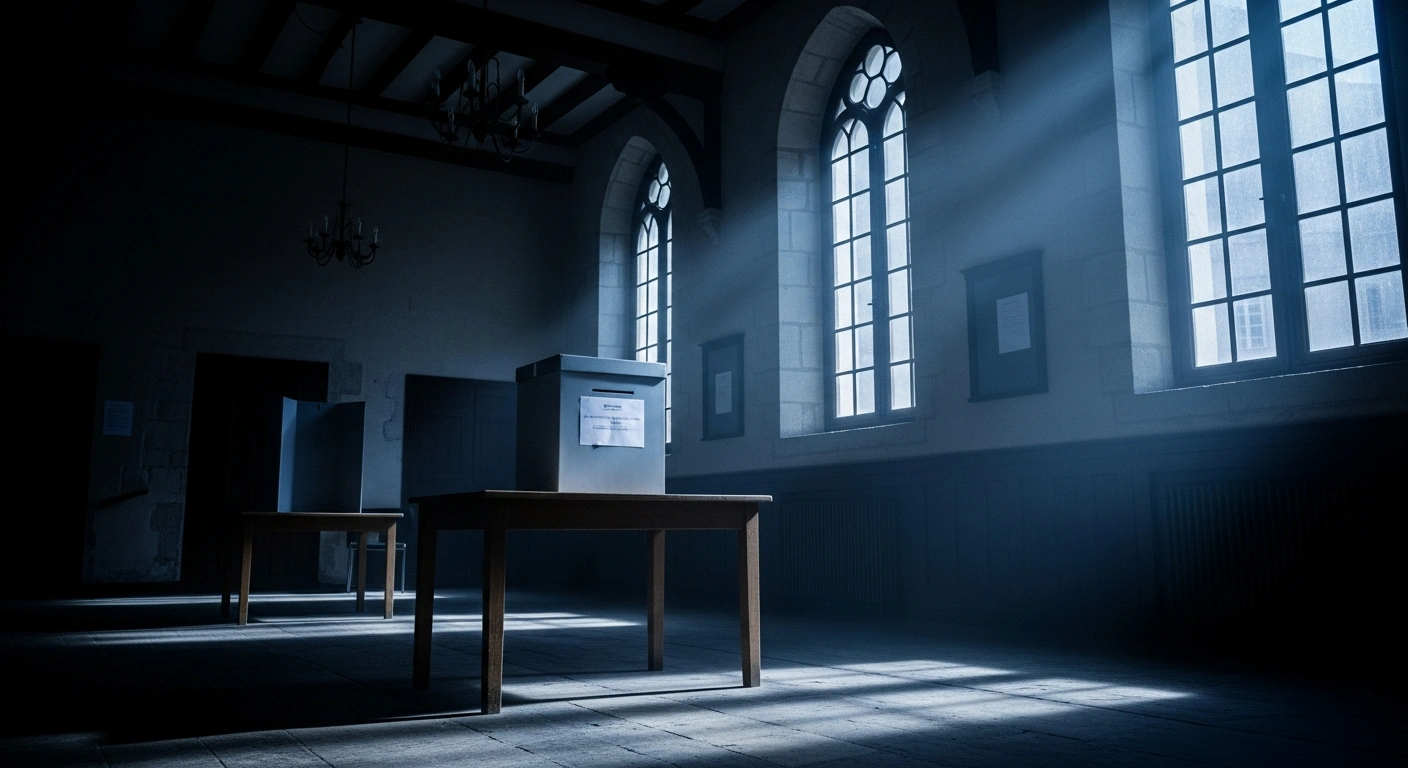 An empty ballot box sits in a deserted French polling station to represent the high abstention rates following municipal elections.