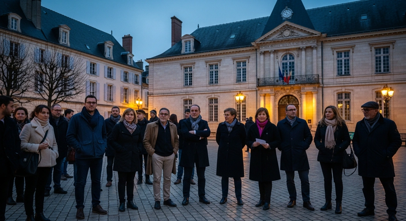 A wide, low-angle shot of a French town square at dusk, where citizens gather with thoughtful expressions, subtly reflecting concerns over local safety and taxation ahead of the municipal elections in March 2026.