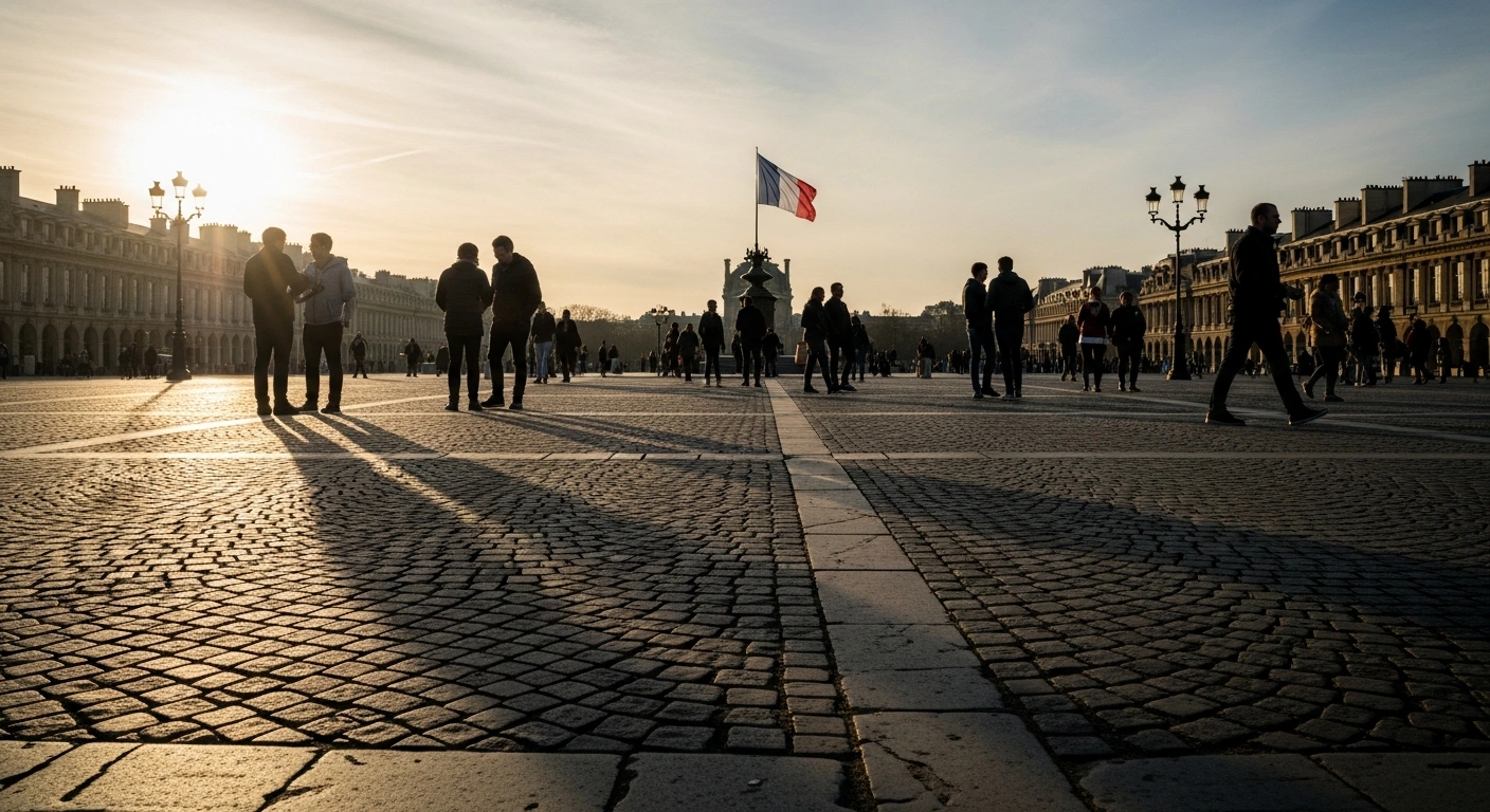 A wide, low-angle shot of a Parisian square at golden hour, with long, distinct shadows stretching across the cobblestones and a French tricolor flag in the background, symbolizing the growing influence of the far-right National Rally party in France.
