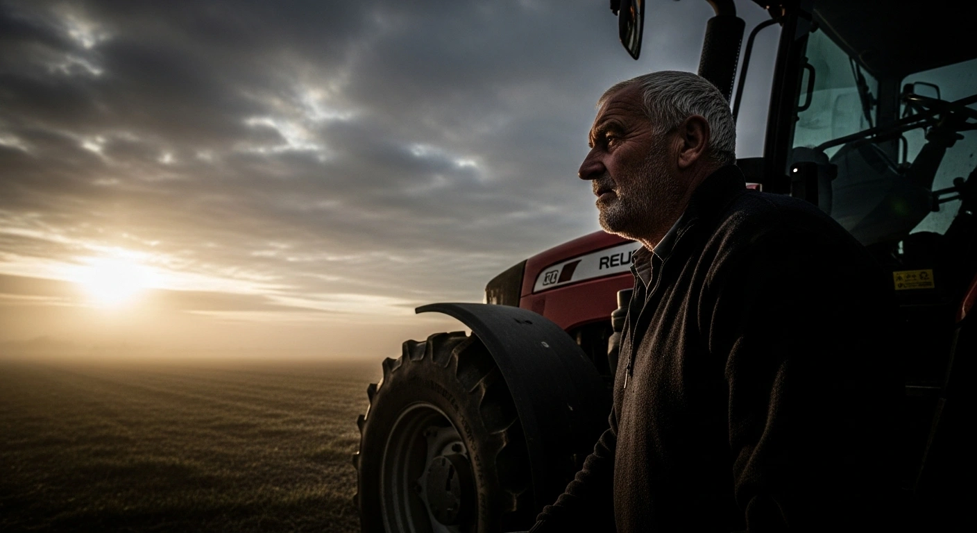 A lone French farmer stands defiantly at dawn, silhouetted against an overcast sky, symbolizing the protest against the EU-Mercosur trade agreement and concerns over unfair competition and differing standards.