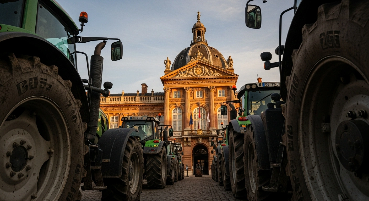 A low-angle view at dusk shows a convoy of mud-splattered tractors idling in front of a grand, ornate building in Toulouse, symbolizing French farming leaders' concerns and potential protests during their meeting with President Macron regarding the Mercosur trade deal.