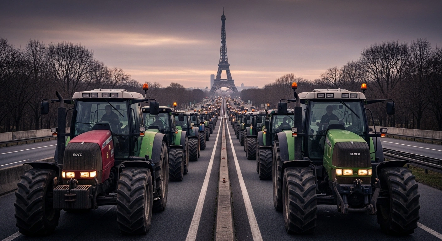 A long line of French farmers on tractors blocking a major road near Paris, protesting against low incomes and the EU-Mercosur trade agreement.