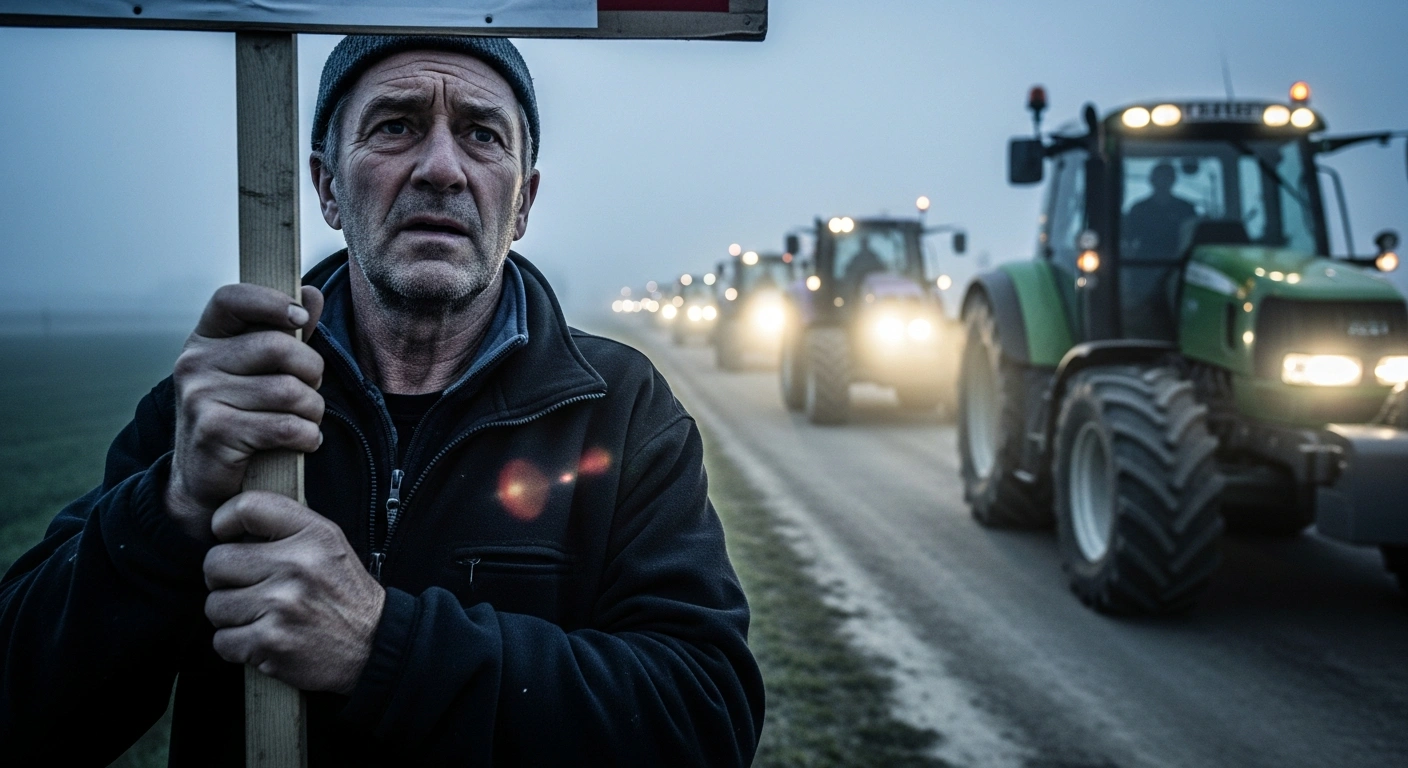 A determined French farmer stands in front of a line of tractors during a nationwide agricultural protest against the government's handling of the lumpy skin disease outbreak in cattle and the proposed EU-Mercosur trade agreement.